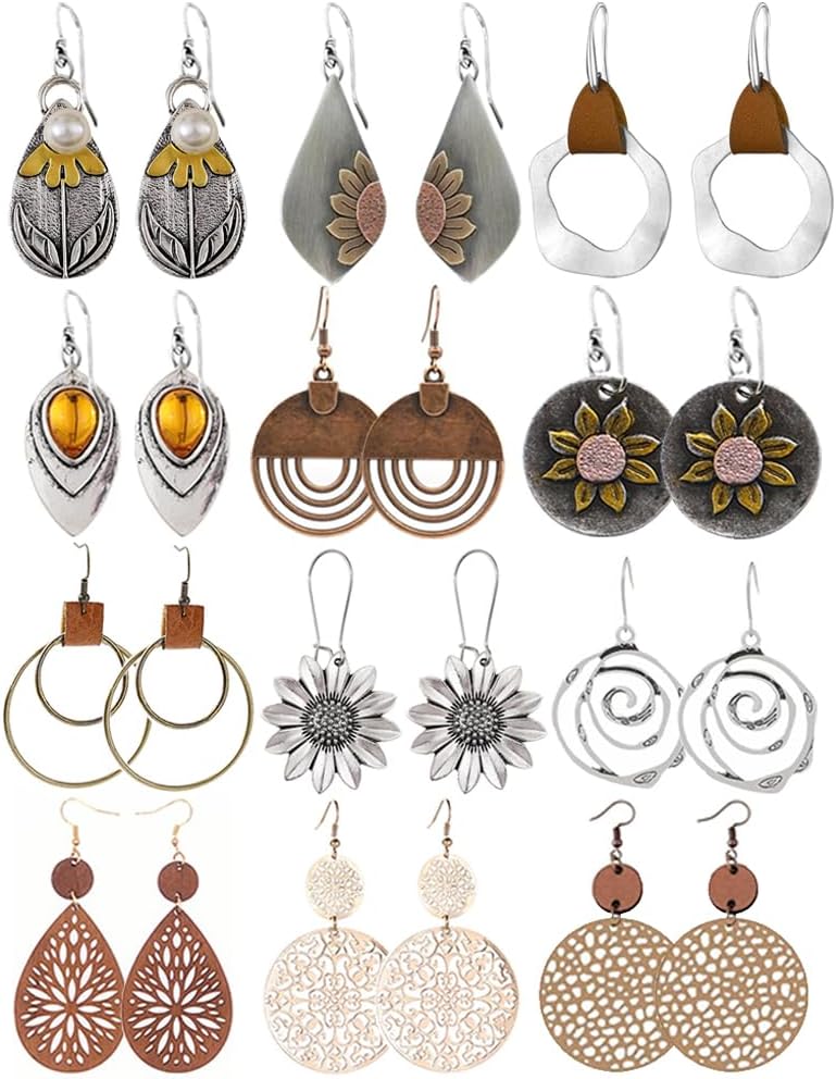 Coolkin 12 Pairs Boho Vintage Geometric Round Earrings Wooden Leather Earrings Ethnic Style Vintage Sunflower Earrings Christmas Earrings for Women and Girls, Silver