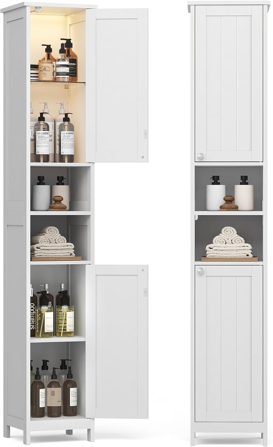 VASAGLE Tall Storage Cabinet with Lights, Slim Freestanding Cabinet with Adjustable Shelves, for Small Spaces, Bathroom, Living Room, Modern, 11.8 Inches Wide, Cloud White UBBC566W02