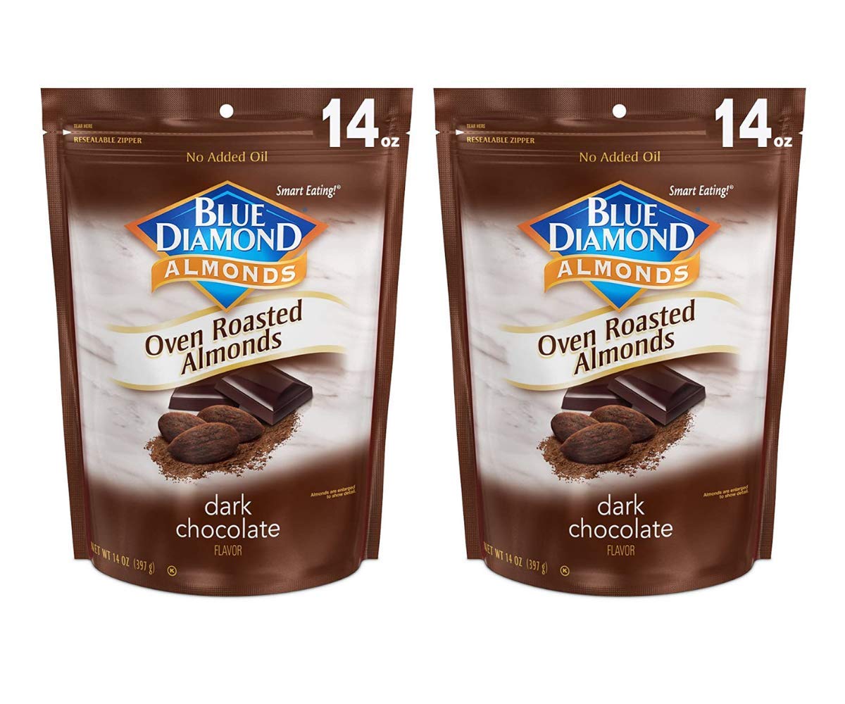 Dark Chocolate Almonds, Blue Diamond Oven Roasted Almonds Covered with Real Cocoa and Rich Chocolate Flavor, Healthy Snack to Share with the Whole Family, Pantry Staples for 2 Packs of 14 Oz