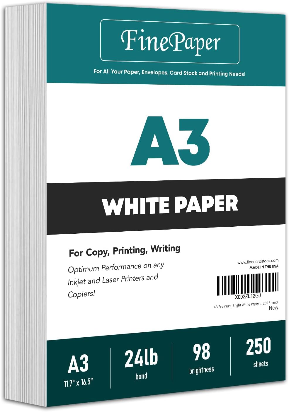 A3 Premium Bright White Paper – Great for Copy, Printing, Writing | 297 x 420 mm (11.7" x 16.5") | 24lb Bond / 60lb Text (90gsm) | 250 Sheets per Pack
