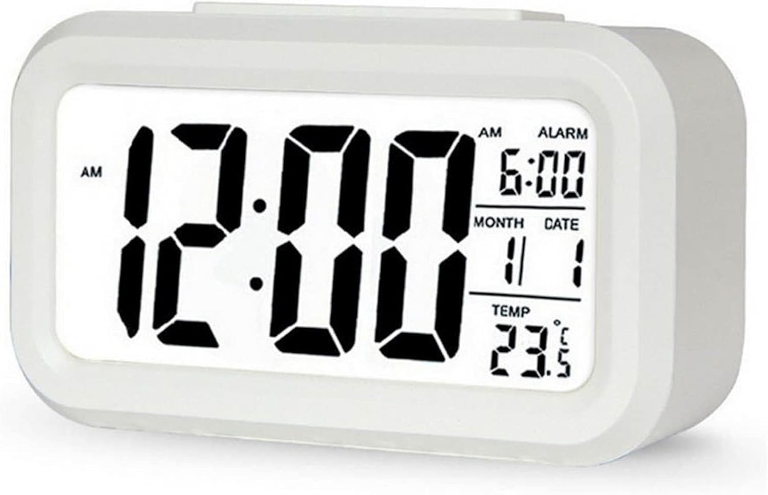 DTL Digital Alarm Clock LED Display with Temperature Big LCD Digit Display Larger LCD Backlit Display Snooze Smart Brightness Sensor for Bedroom Home Office and Travel (White)