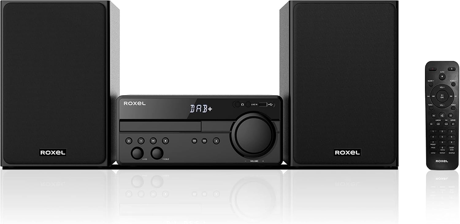 Roxel RCD-750 Complete Hi-Fi Compact Stereo System - 100W Bookshelf Speaker System with CD Player, Wireless, DAB/DAB+ / FM, USB, AUX-IN, 3 Metre Speaker Cable, Remote Control, Crystal Clear Sound