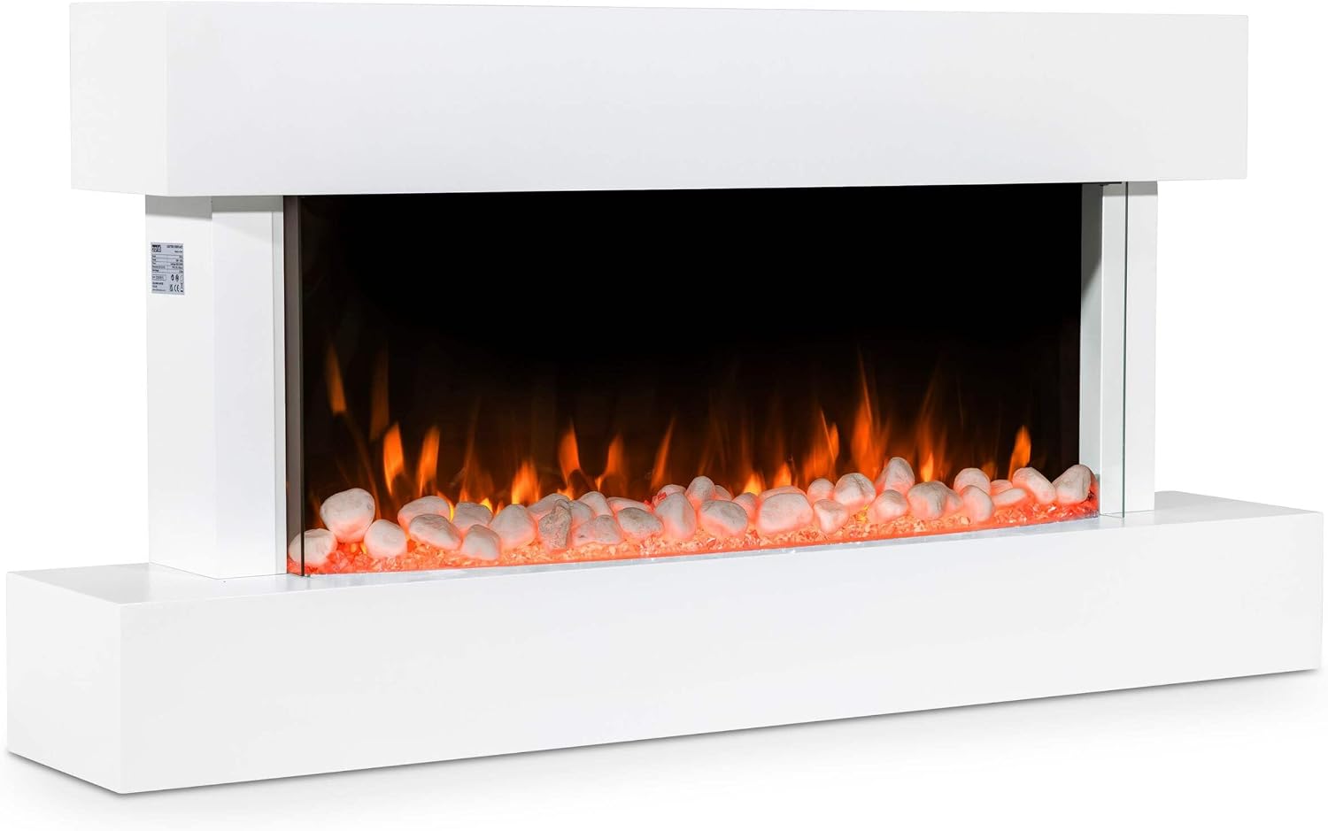 Baridi 46" Wall Mounting 1000W/2000W Electric Fireplace with LED Flame Effects, Side Glass Decoration and Pebble Accessories, White - DH113