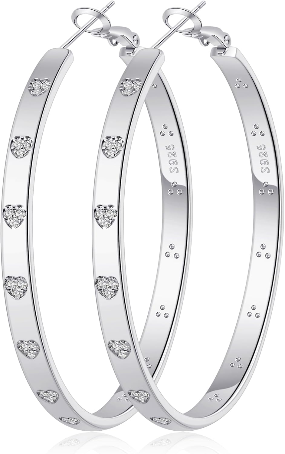 BMMYE Sterling Silver Hoop Earrings for Women Lightweight Silver Hoops Earrings with Heart Cubic Zirconia 30mm/40mm/50mm/60mm Gold Hoops
