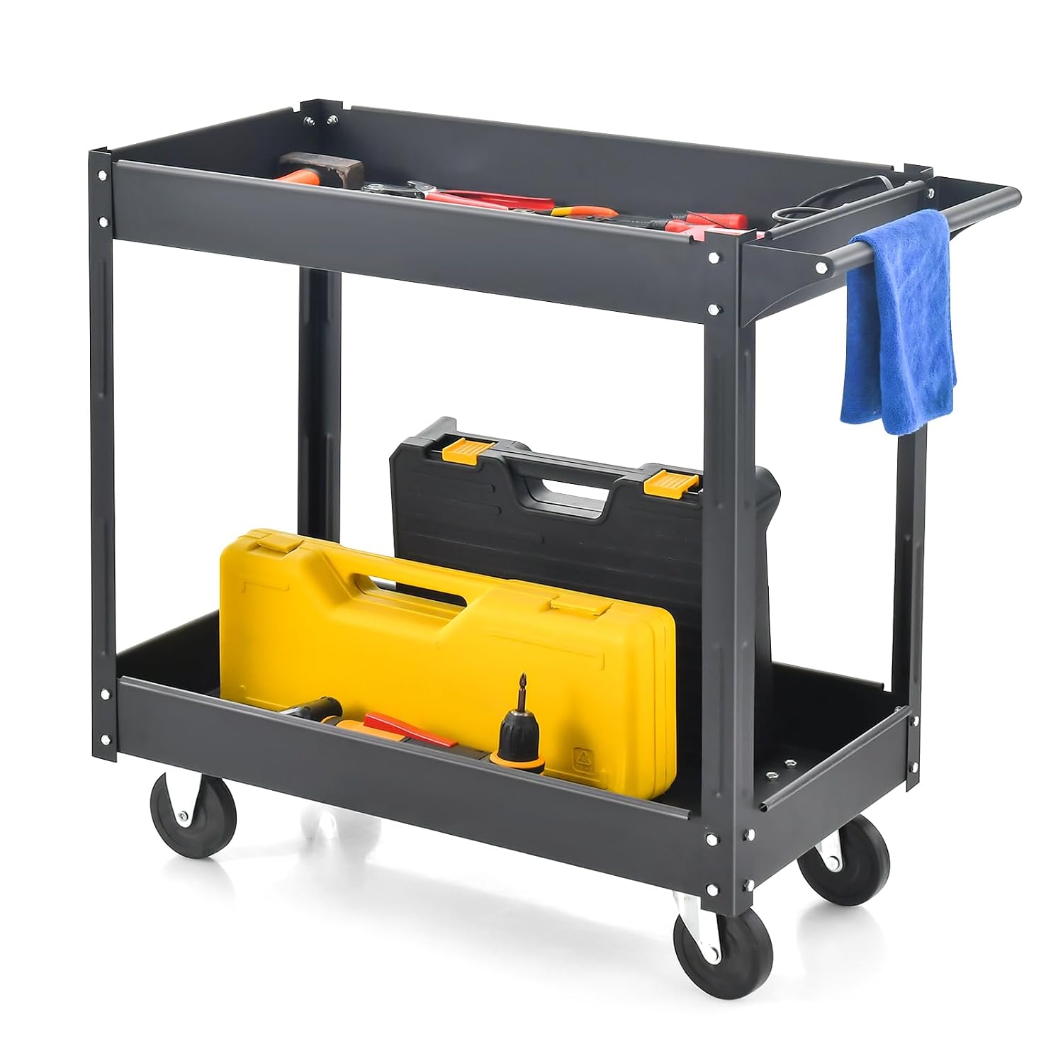 COSTWAY 2 Tier Rolling Trolley Cart, Mobile Utility Storage Organiser Shelves with Wheels and Handle, Multi-Purpose Serving Cart for Garage Workshop Transport (Black, 85 x 41 x 79cm)