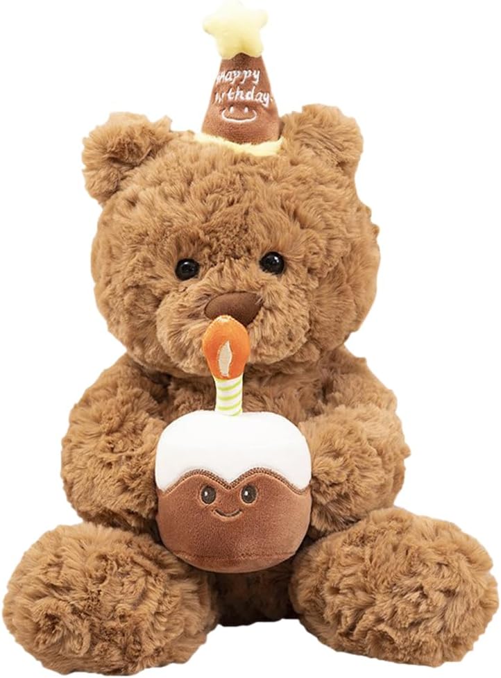 NIEEKRUN Teddy Bear Plush, Bear-Plush Birthday Cake with Cupcake and Embroidered Birthday Message Hat Cute Stuffed TeddyPlush Cake Holding Bear ForBirthday