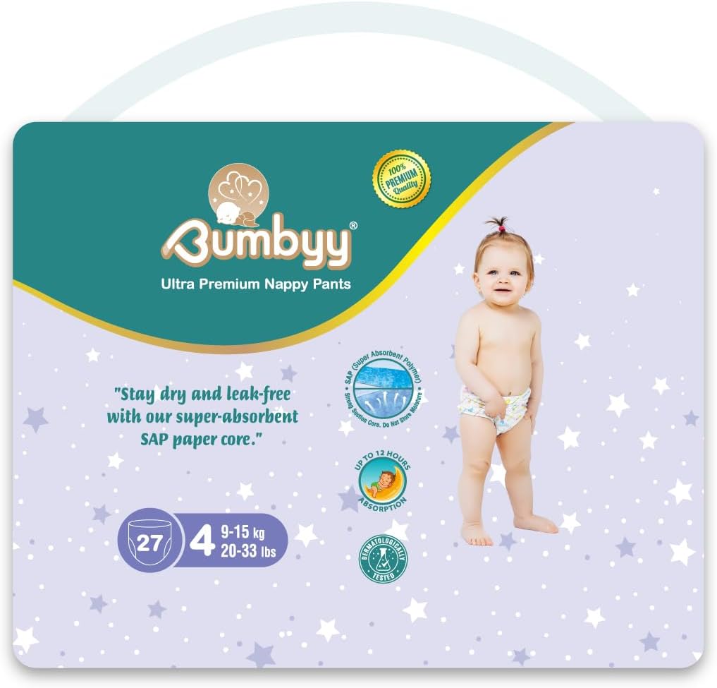 Bumbyy Leak-Proof Pull Ups Size 4 - Ultra-Absorbent Soft & Thin Baby Nappies for Sensitive Skin | 27 Baby Diapers | Hypoallergenic & Dermatologically Tested 12 hr Dry Nappy Pants (9-15kg/20-33lbs)