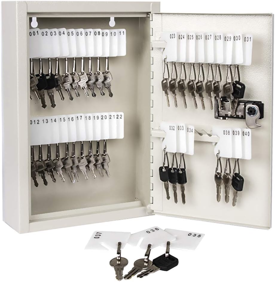 KYODOLED Key Storage Lock Box with Code,Locking Key Cabinet, 40 Key Management Wall Mount with Combination Lock, Key Hooks & Tags Key Labels, 2.5" D x 8.1" W x 12.1" H (White,40 Key)