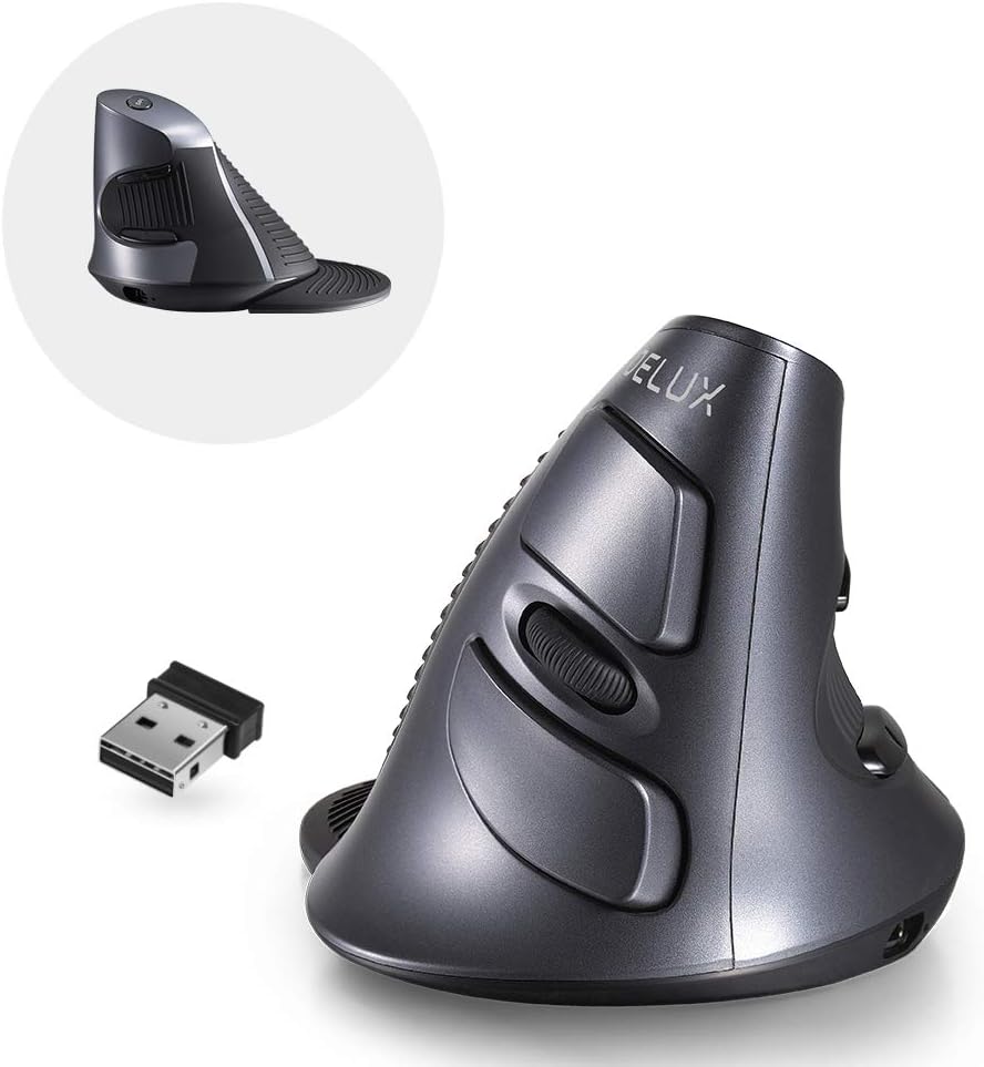 DELUX Wireless Ergonomic Vertical Mouse, Rechargeable Vertical Mouse, Bluetooth/2.4G Dual Mode, Slient Click, Removable Wrist Rest, 800/1200/1600DPI Levels, 6 Buttons, for Laptop/PC (M618G DB-Black)