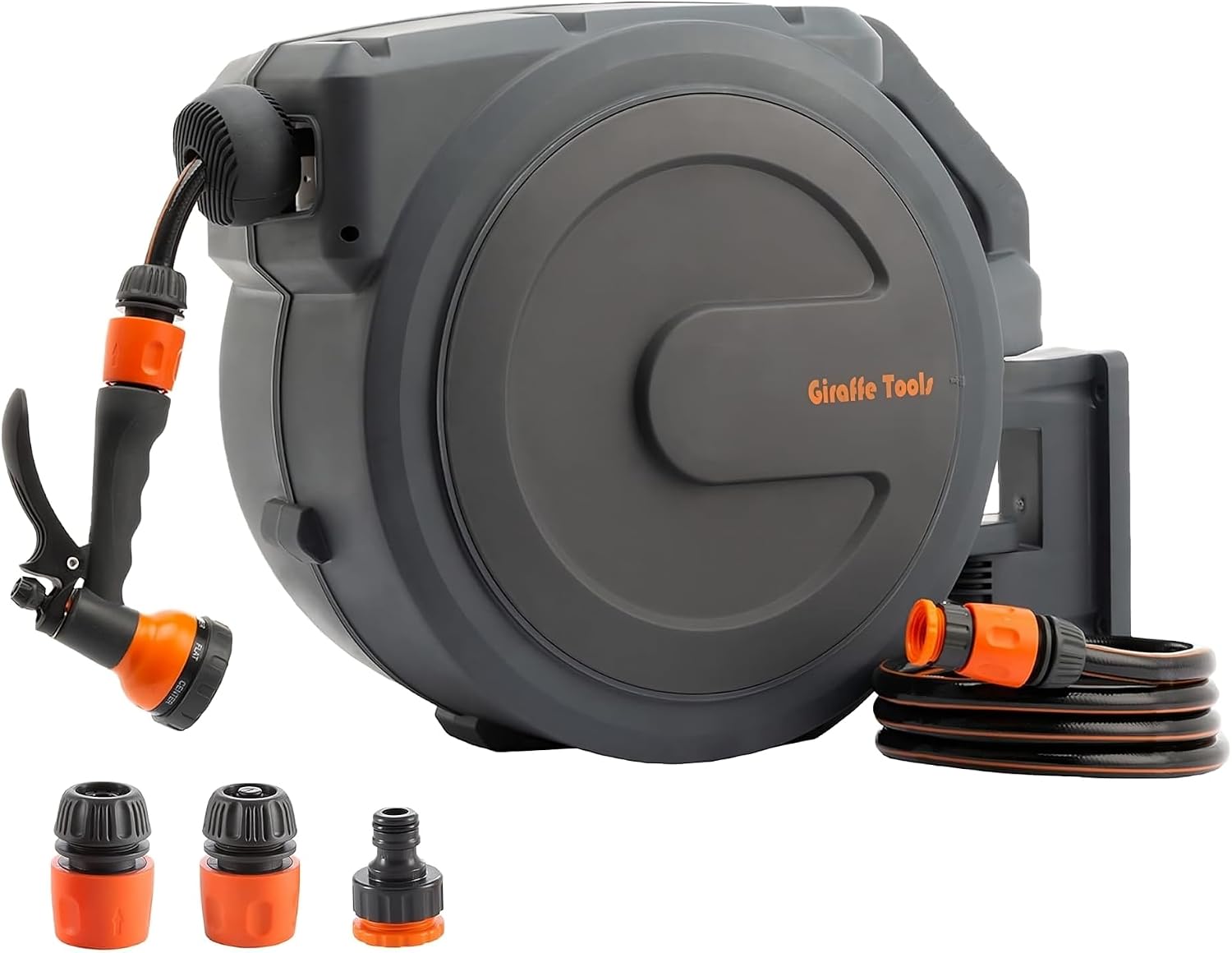 Giraffe Tools Retractable Hose Reel Wall Mounted, 25+2m Garden Hose Reel, 180° Pivotal with 7 in 1 Spray Nozzle, Grey (EUAW-25)