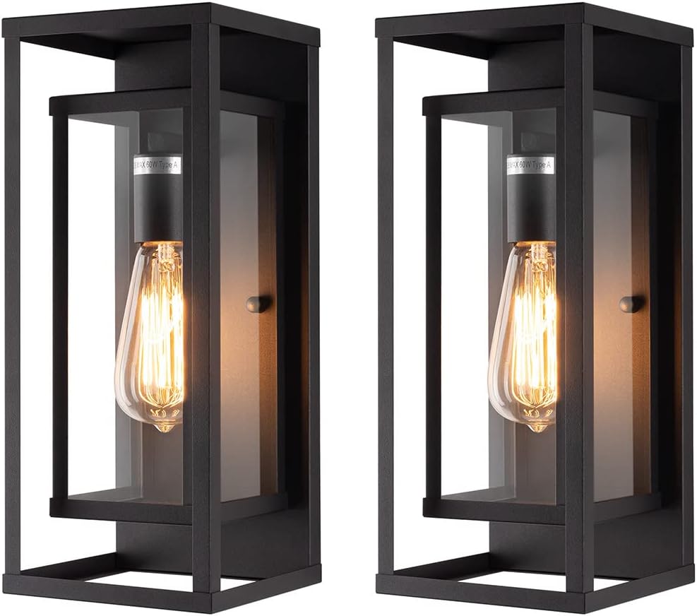 mirrea 14" Classic Outdoor Wall Sconce 1 Light in Matte Black Rectangular Metal Frame and Clear Glass Shade Waterproof Porch Light Patio Light Pack of 2