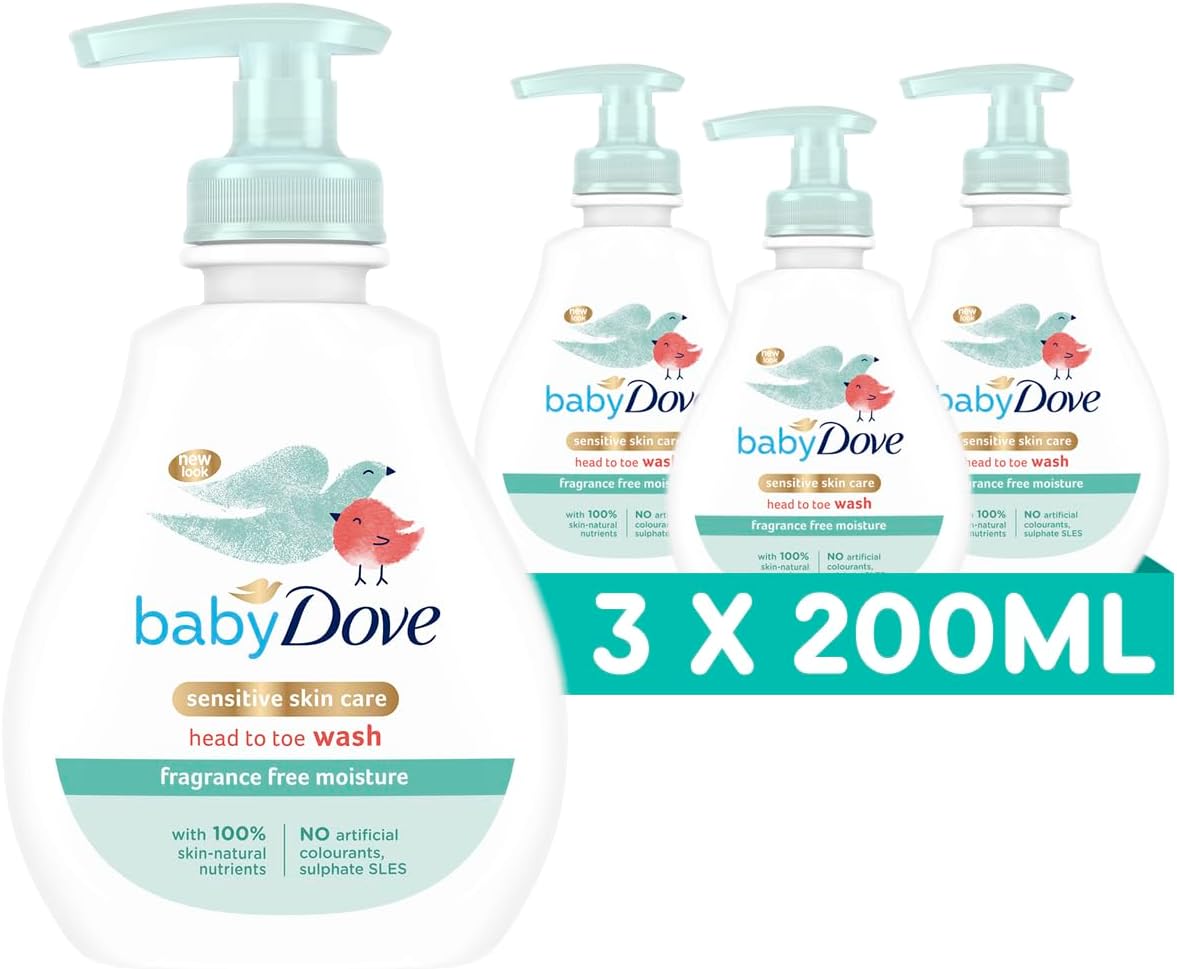 Baby Dove Fragrance-Free Head to Toe Wash - Gentle & Soothing Hair and Body Wash for Babies, Nourishing & Moisturising for Sensitive Skin, Tear-Free Formula, Ideal for Newborns - 200ml, Pack of 3