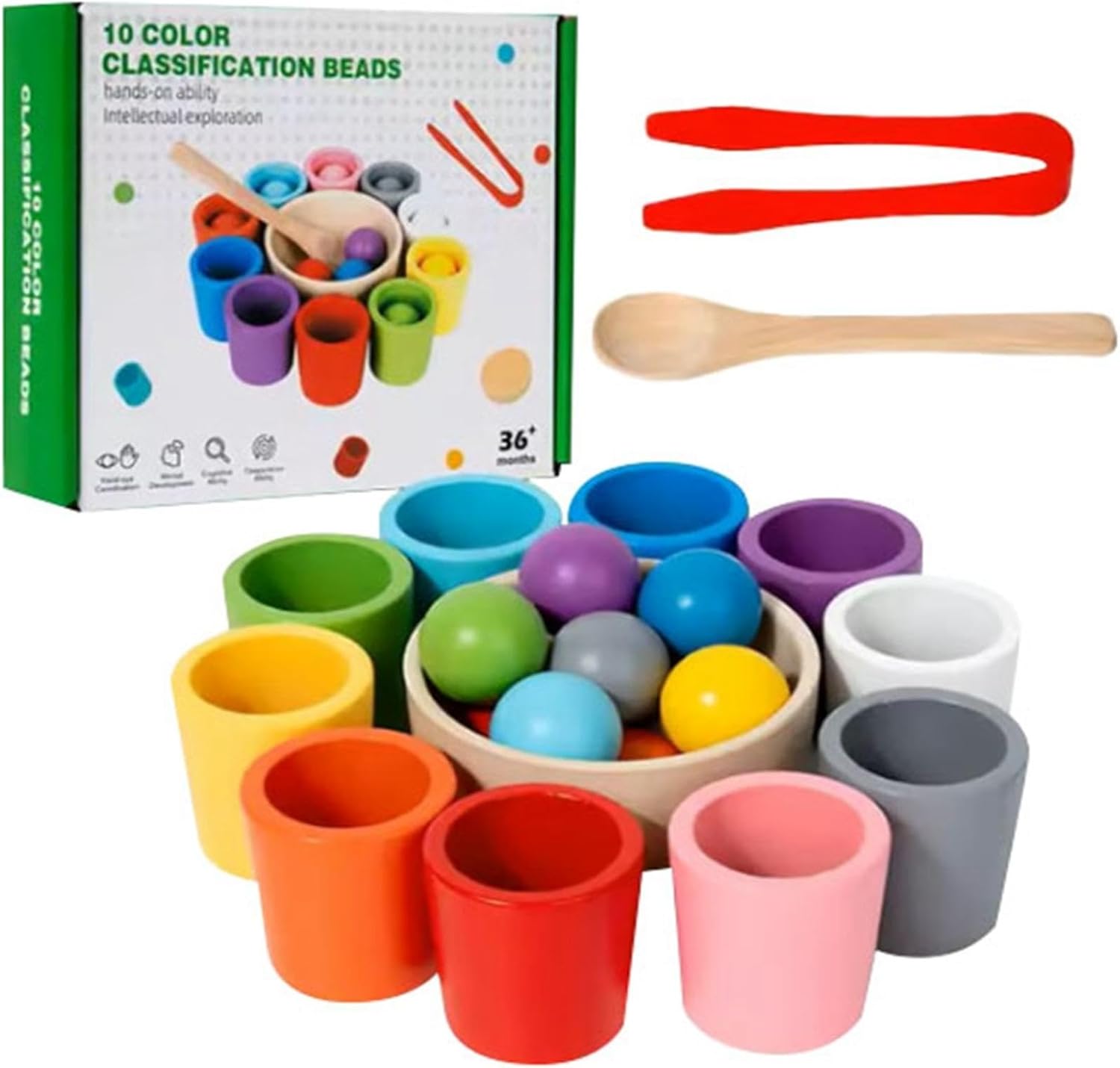 Rainbow Balls in Cups Toddler Montessori Toys, Wooden Colour Sorting Stacking Toys, Kids Preschool Matching Games Educational Toy Cups & Balls Set for Learning Color Sorting & Counting (10 Colours)