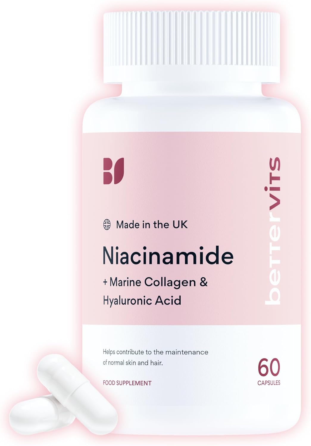 Bettervits Niacinamide Complex with Vitamin B3 Niacin, Marine Collagen, and Hyaluronic Acid – High-Strength Niacinamide Supplement for Energy Support – Natural Vitamin B3 Boost – 60 Capsules