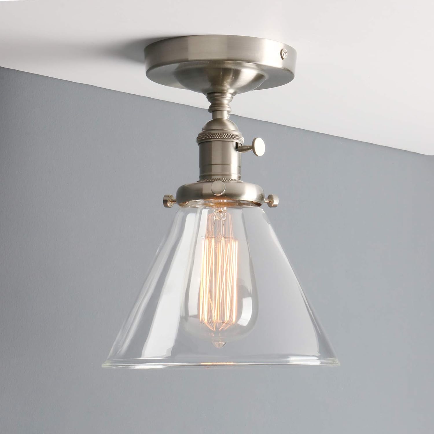 Phansthy Industrial Ceiling Light Fixtures with Switch, Funnel Clear Glass Hallway Lighting Close to Ceiling E27 Base, Flush Mount Hanging Lamp Suitable for Kitchen Loft Cafe Bar (Brushed Steel)