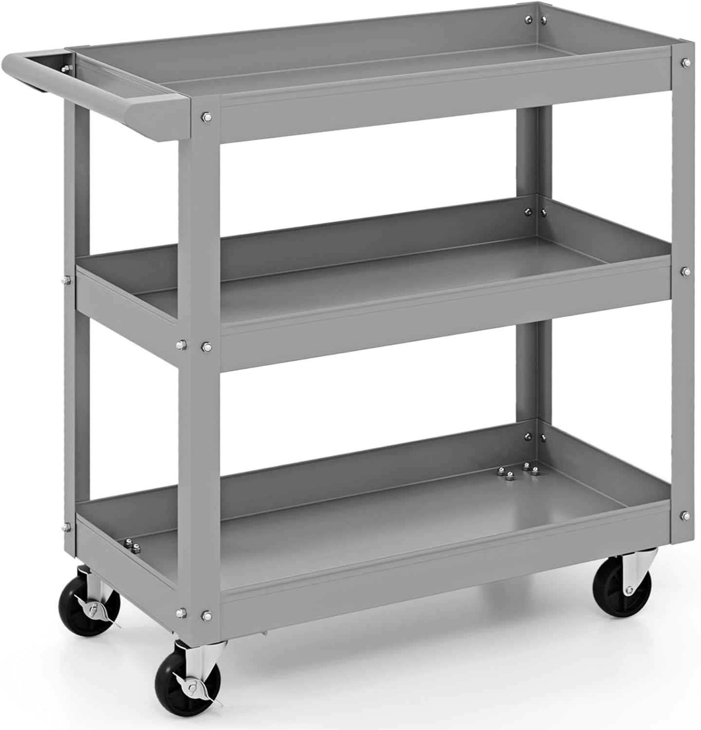 COSTWAY 3 Tiers Tool Trolley, Heavy Duty Service Cart with Handle and Lockable Wheels, Rolling Workshop DIY Storage Trolley for Garage Restaurant Kitchen (1 Flat Handle, Grey)