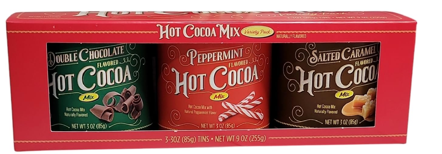 Nassau Candy Hot Cocoa Powder Mix Variety Pack 3 Flavors 3.oz Tins - Double Chocolate - Peppermint - Salted Caramel - Naturally Flavored