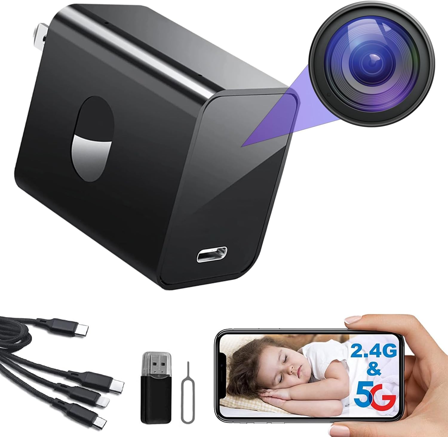 4K Nanny Cam Hidden Camera Supports 2.4G&5GHz WiFi, Hidden Camera Charger, Small Nanny Cam with Human Detection, Night Vision, 160°Wide View-Angle, Type C Nanny Camera for Home