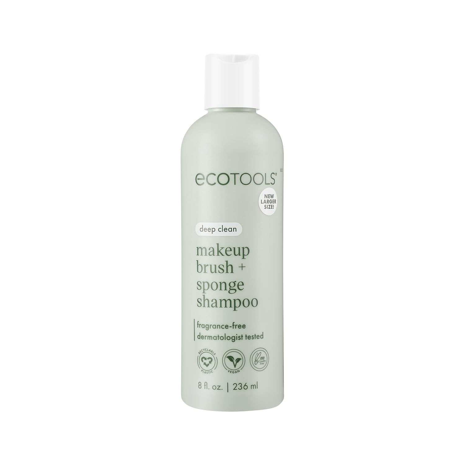 EcoTools Makeup Brush + Sponge Shampoo, Remove Makeup & Impurities From Tools, Sponges, & Puffs, Fragrance-Free Brush Cleanser, No Harsh Chemicals, Vegan, & Cruelty-Free, 8 fl. oz./236 ml. Bottle