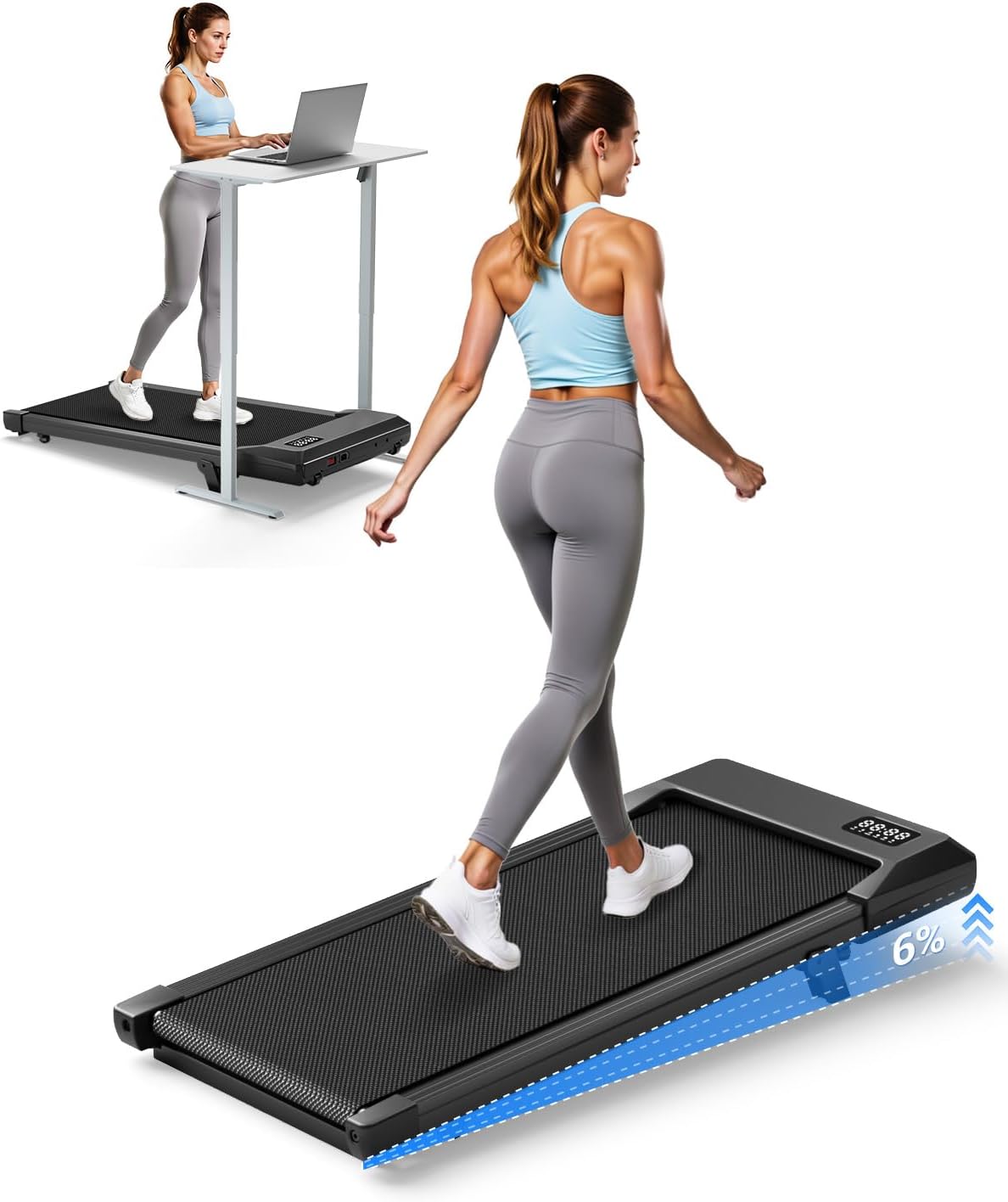 Superun Walking Pad with 6% Incline, 2.5HP Treadmill, 0.6-3.8 MPH, 300 lbs
