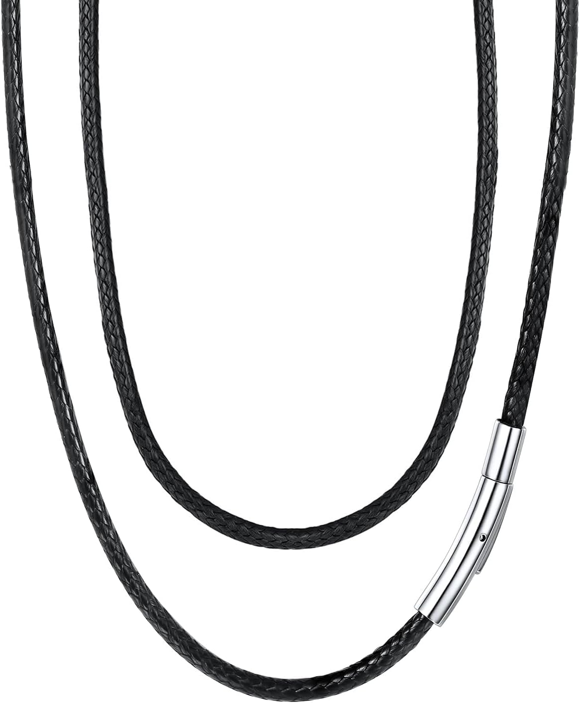 FaithHeart Braided Leather 2MM/3MM Necklace Cord for Men with Stainless Steel Snap Clasp, Waterproof Woven Wax Rope Chain for Pendant with Delicate Gift Box