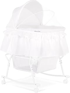 Lacy Portable 2-in-1 Bassinet & Cradle in White, Lightweight Baby Bassinet with Storage Basket, Adjustable and Removable Canopy