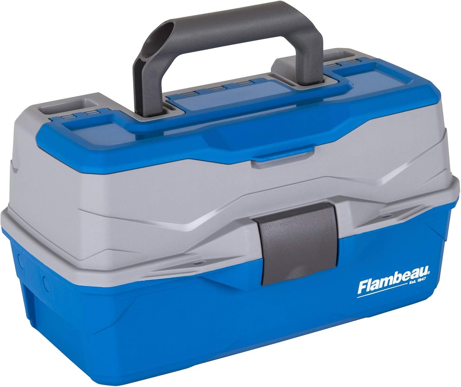 Flambeau Outdoors 6382TB 2-Tray Tackle Box - Classic Fishing Lure Storage Organizer, Medium Portable Tackle Box, 15 Tray Compartments, Blue/Gray