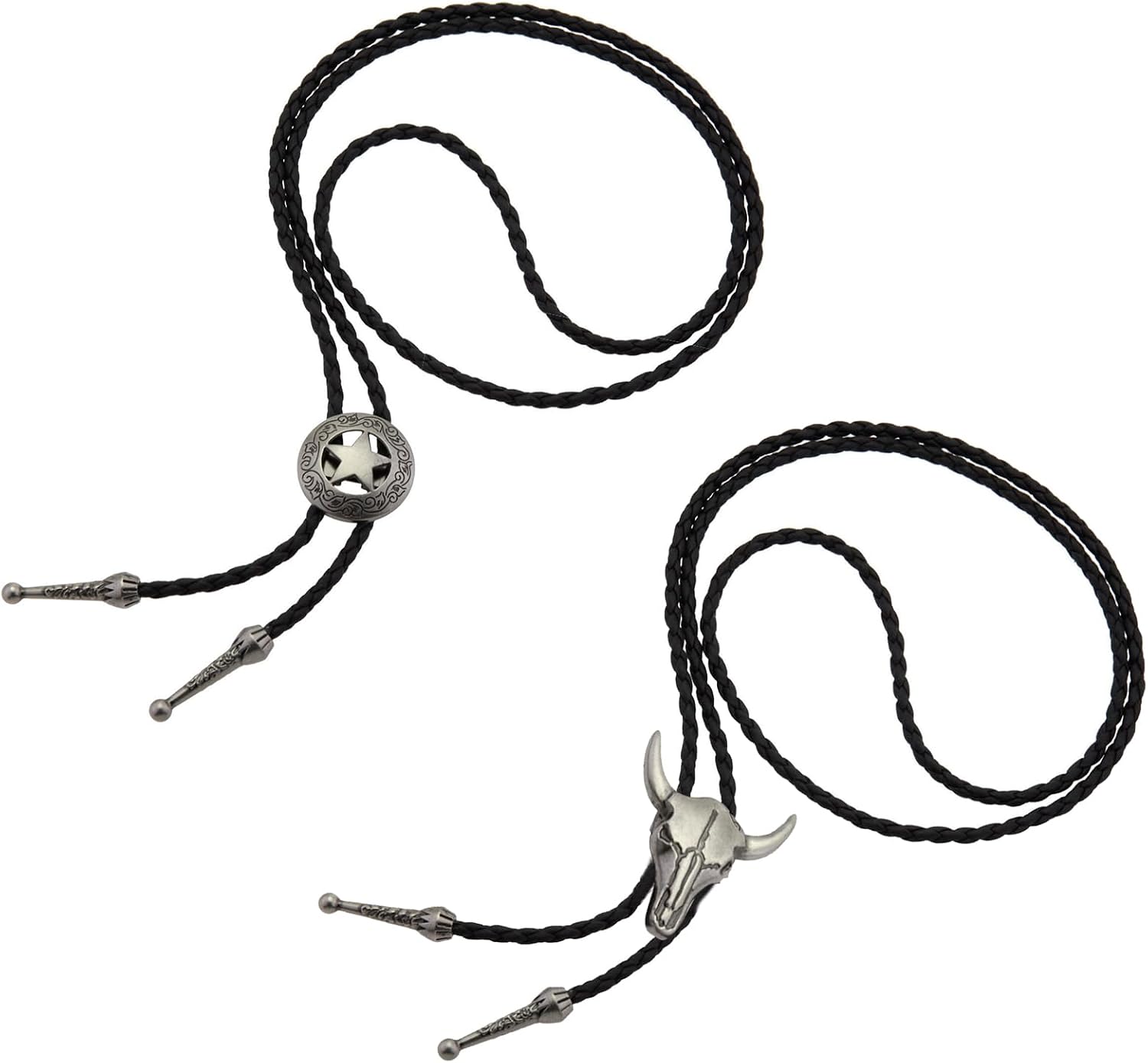 HLMYER 2 Pcs Cowboy Necklace,Bolo Tie for Men Leather Adjustable Vintage,Cowboys Accessories Unisex Wild West Theme,Cow Boys Girls Skull Star Chain Western Tie Necklaces for Men Women