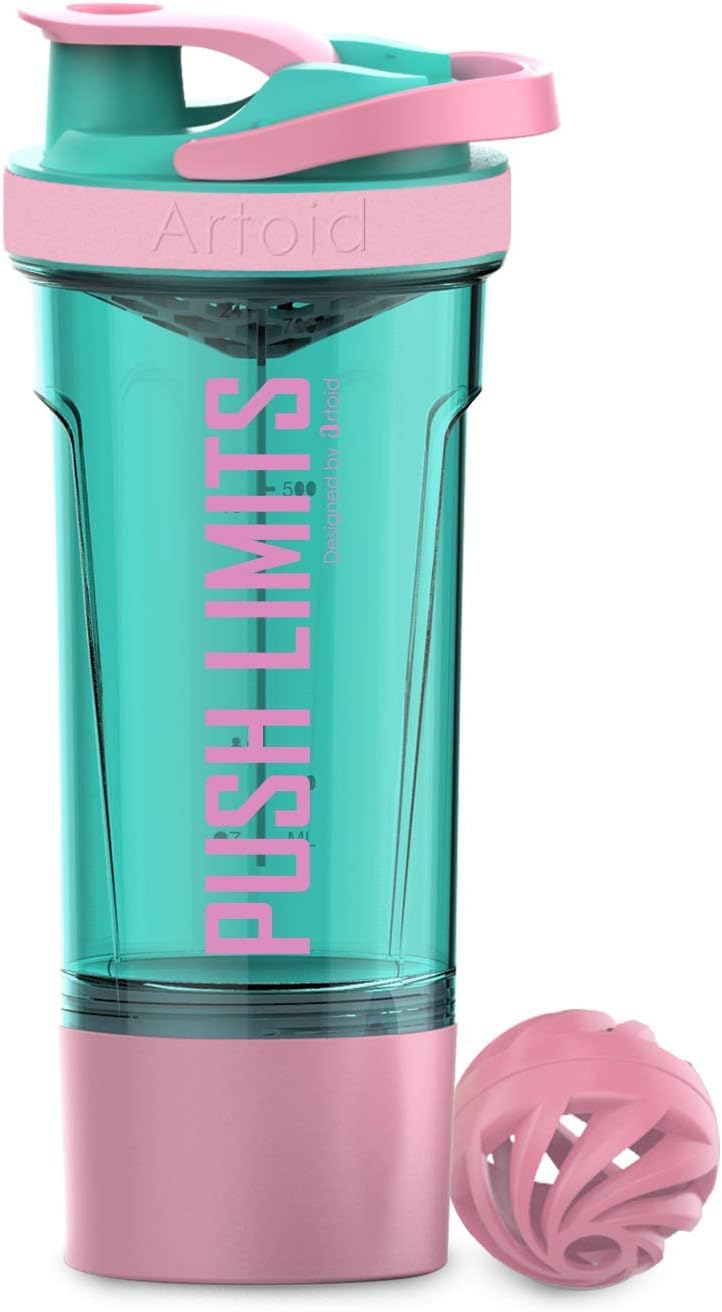 Artoid Mode 720ml Sports Fitness Workout Protein Shaker Bottle Aqua Pink with Twist and Lock Protein Box Storage with Shaker Balls Mixing Grids - BPA Free