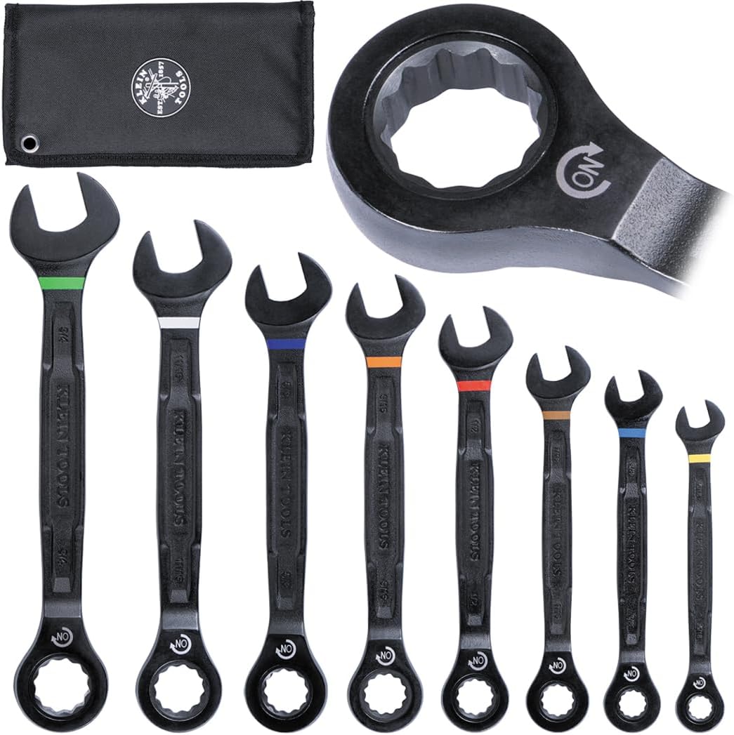 Klein Tools 69408G Ratcheting Combination Wrench Set, SAE, 8-Piece, 5/16 to 3/4-Inch, Steel Alloy, Foam Pouch, 90-Tooth