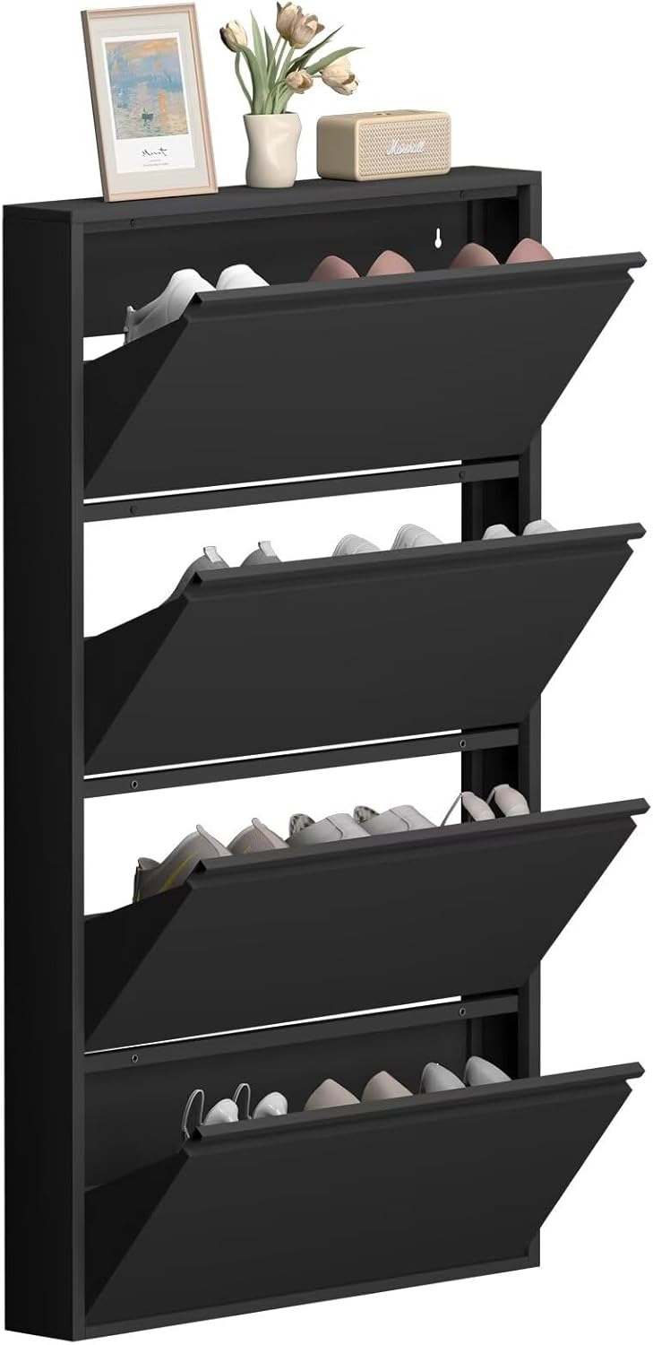 GREATMEET Shoe Cabinet with 4 Flip Drawers, Metal Entrance Shoe Cabinet Storage for Entryway, Modern Hidden Narrow Shoes Rack Organizer Wall Mount for Living Room, Bedroom, Hallway,Black