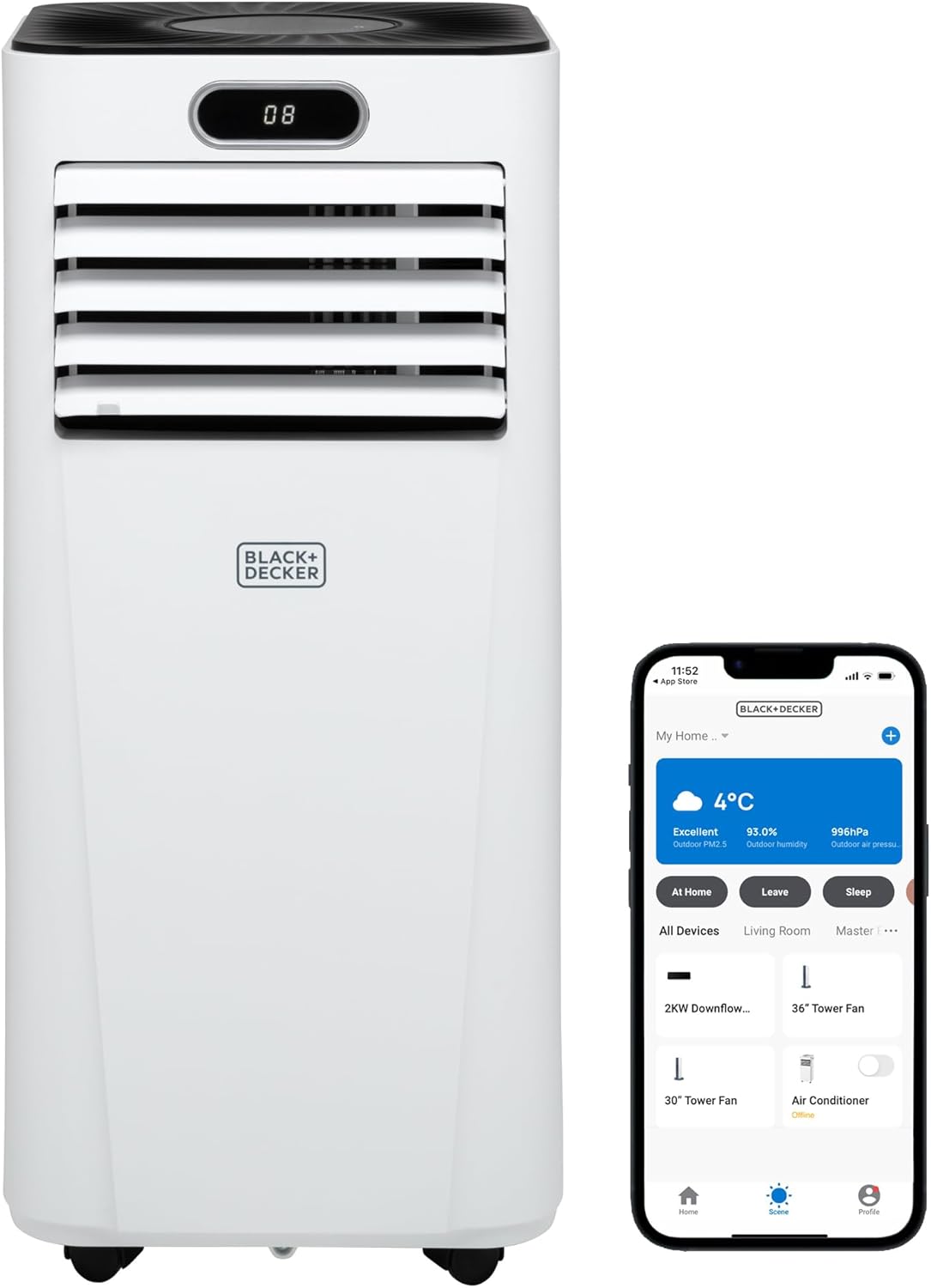 BLACK+DECKER BXAC40025GB 9000 BTU Portable 3-in-1 Smart Air Conditioner, Dehumidifier, Cooling Fan, Sleep Mode, 24 Hour Timer, Remote Control, White
