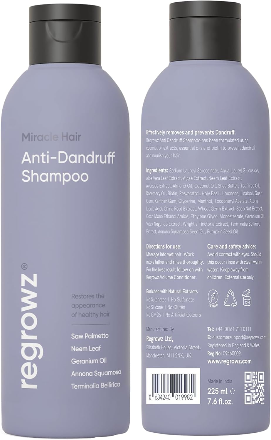 Regrowz Anti Dandruff Shampoo for Itchy & Dry Scalp - 225ml - Dandruff Scalp Treatment - Removes Flakes & Moisturises for Healthy Vibrant Hair
