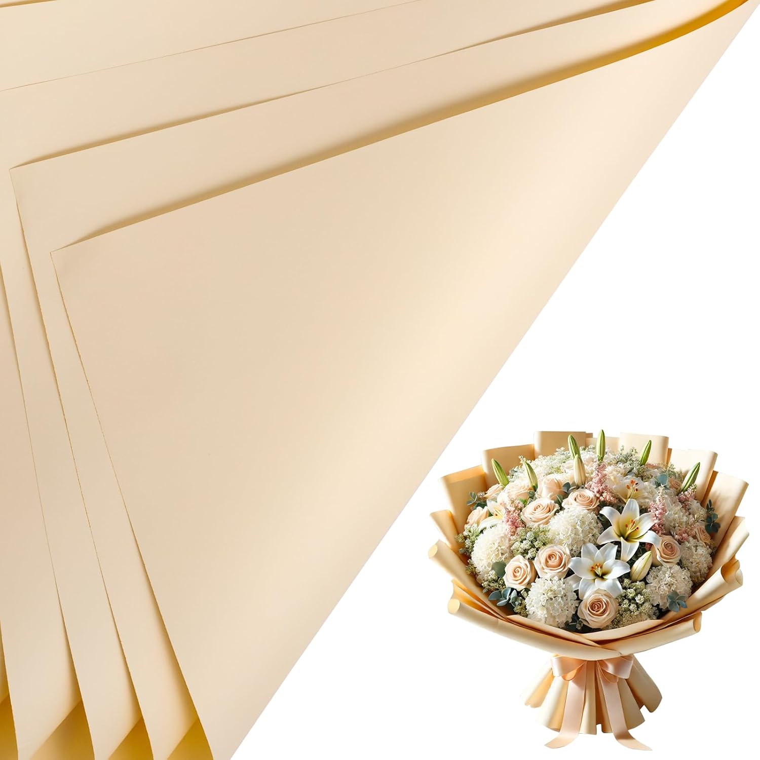 LeZakaa 20 Sheets Flower Wrapping Paper - Waterproof Reversible Floral Bouquet Paper - Cream Yellow Design for Valentine's Day, Mother's Day, Parties, Birthdays, Weddings, Baby Shower