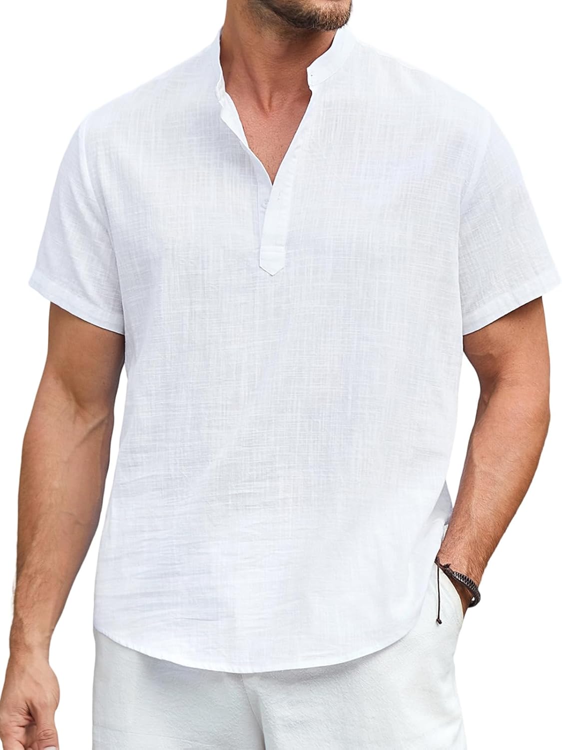 Enlision Men's Linen Shirt Short Sleeve Grandad Collar Collarless Henley Shirts Men Solid Color Casual Summer Beach Holiday Button Down Tops S-4XL