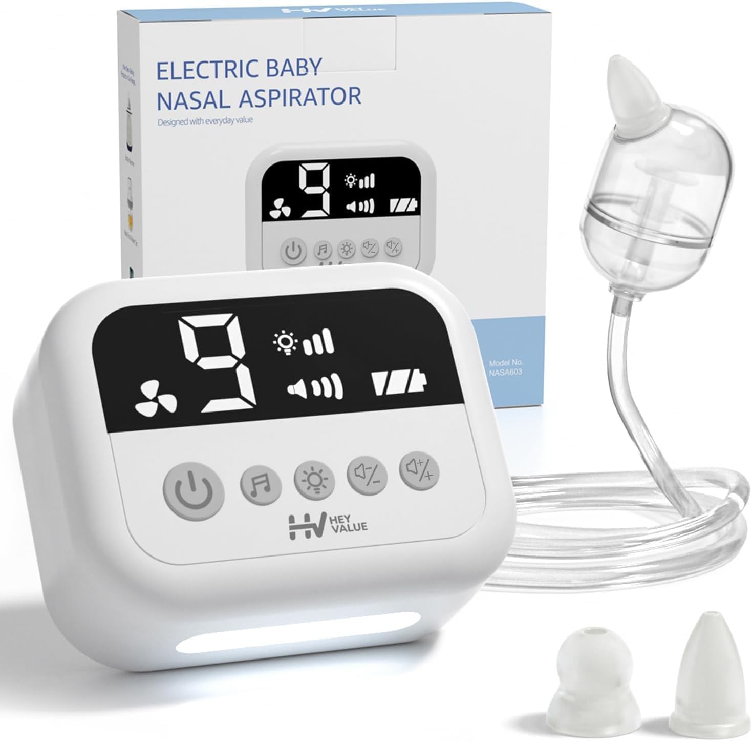 Nasal Aspirator for Baby, Hospital Grade Baby Nose Sucker with 9 Levels Suction, Night Light and Nursery Rhyme Soothing Function, Electric Nose Suction for Baby with Food-Grade Silicone Tips