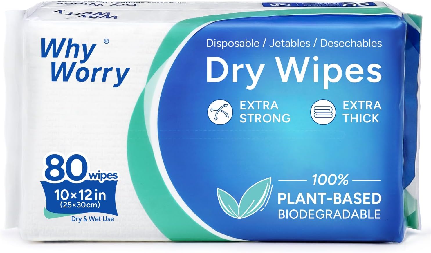 WhyWorry Disposable Dry Wipes for Adults Personal Care, 25x30 cm, 80 Count | Extra Large Dry Cloths, Body Cleansing Cloths for Incontinence & Baby Care, Face Care, Ultra Soft & Thick, 100% Plant-Based