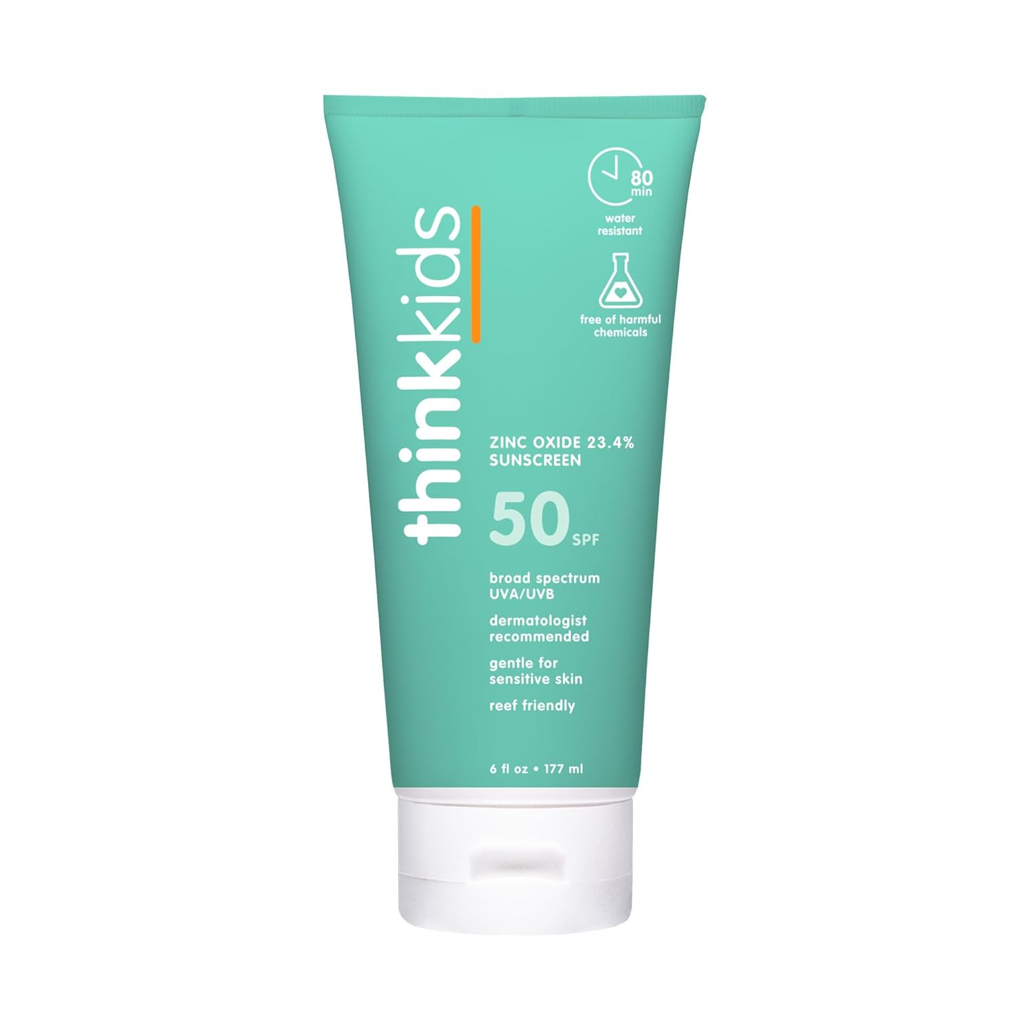 Thinksport Kids SPF 50+ Mineral Sunscreen – Safe, Natural Sunblock for Children - Water Resistant Sun Cream – Broad Spectrum UVA/UVB Sun Protection – Reef Friendly Lotion, 6oz