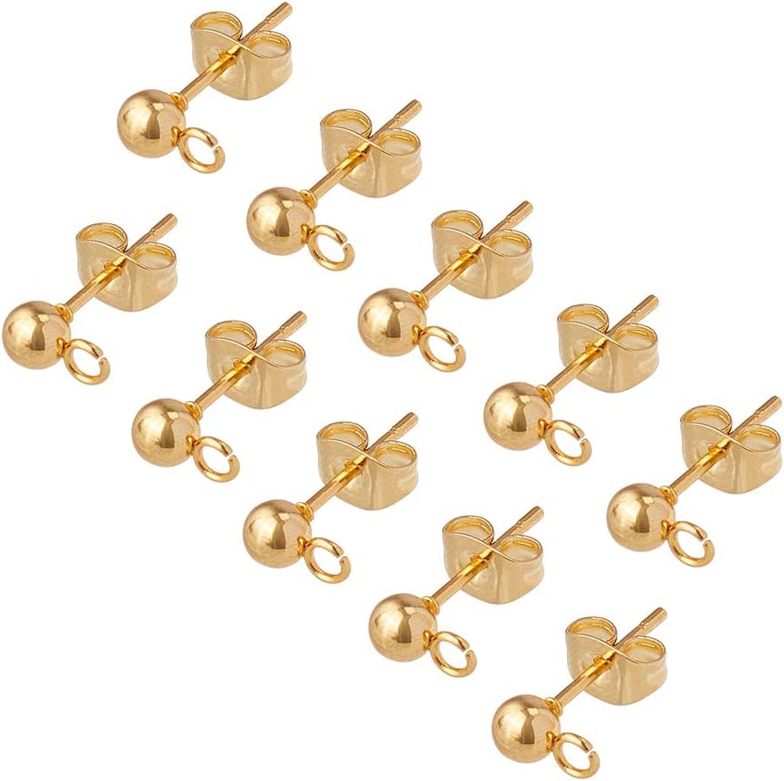 PH PandaHall 100pcs 24K Gold Plated Ball Post Earrings with Loop Stainless Steel Earring Studs with Ear Nuts Hypoallergenic Earring Findings for DIY Jewelry Making Findings 7x4mm