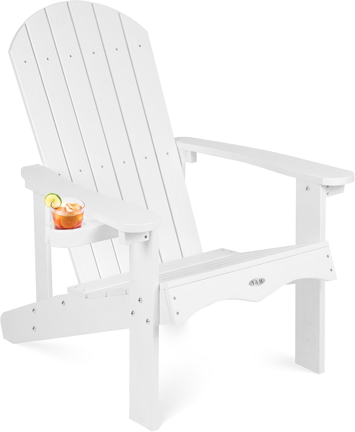 Y&M Adirondack Chair, White Fire Pit Chairs, Outdoor Patio Chairs with Cup Holder, Weather Resistant HDPE Wooden Textured Patio Chairs, Perfect for Garden, Lawn, Deck, or Poolside
