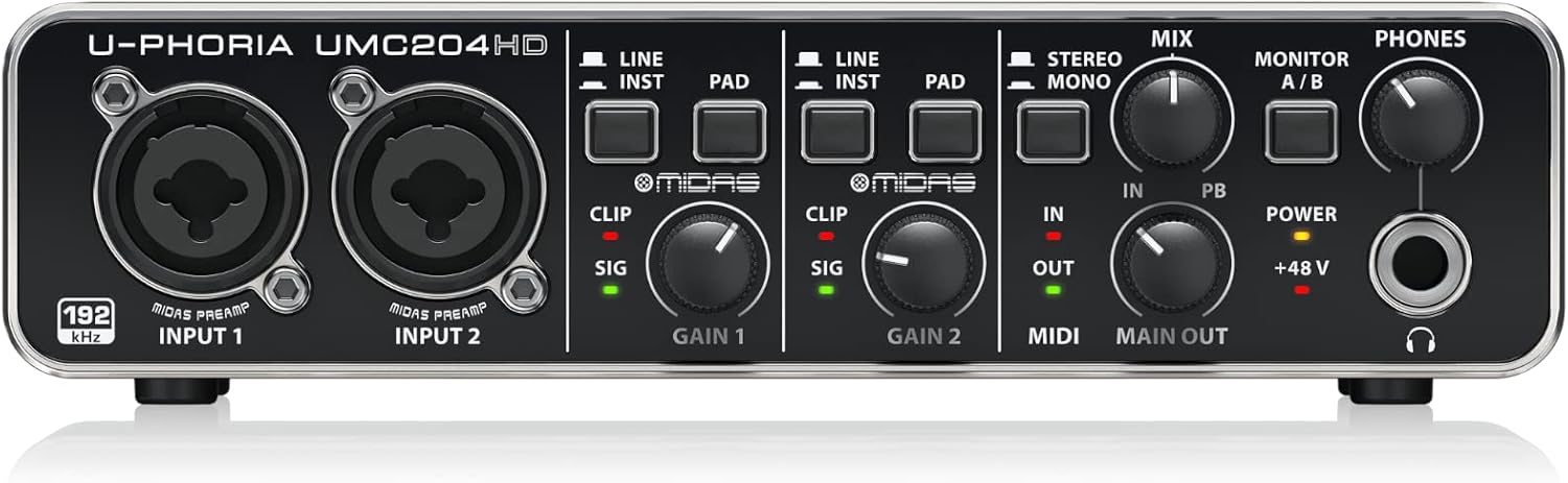Behringer UMC204HD Audiophile 2x4, 24-Bit/192 kHz USB Audio/MIDI Interface with Midas Mic Preamplifiers,Black
