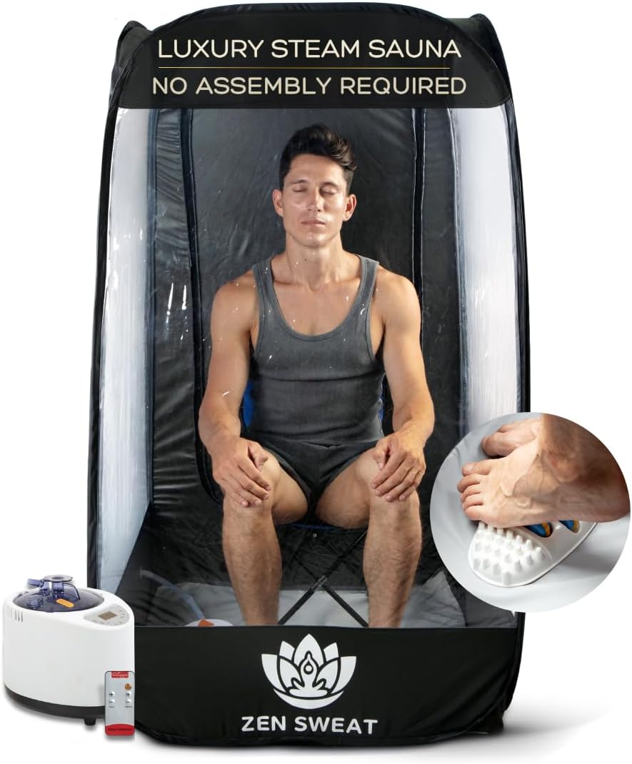 Portable Sauna for Home | 2.6L at Home Sauna Steam Tent, Remote, & Foot Massager | 9 Levels, Pop Up Sauna w/Chair & Waterproof Mat, 4.7' H x 2.6' W at Home Sauna Full Body