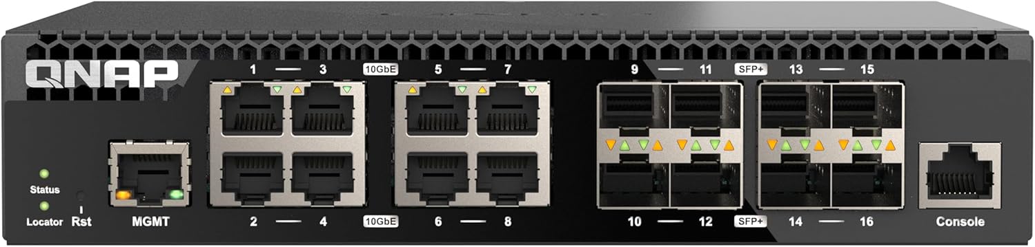QNAP 16-Port Half-Width Rackmount 10GbE Managed Network Switch (QSW-M3216R-8S8T-US). Layer 2, Web Management