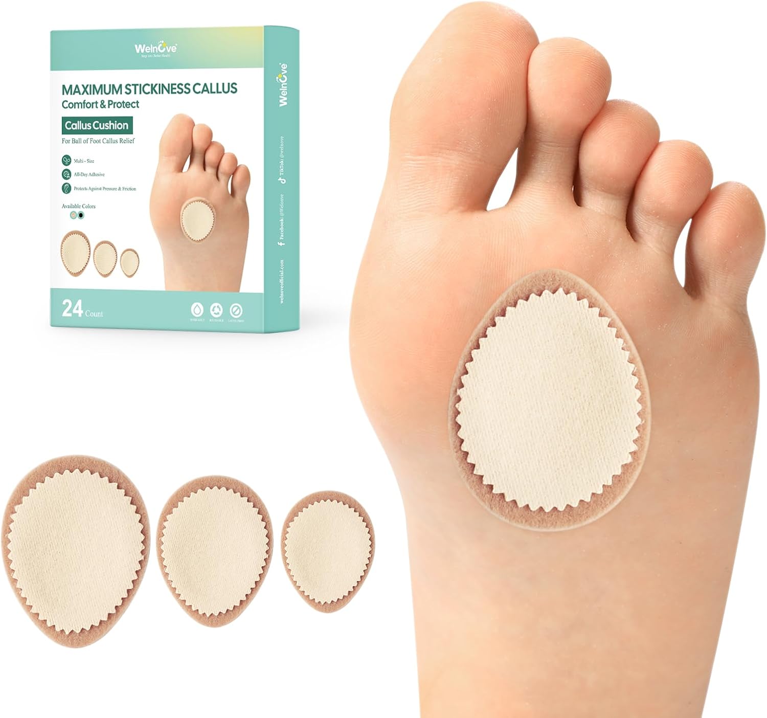 Welnove Extra Thick Corn & Callus Cushion Pads, Effectively Relieves Pain and Protects Against Friction, All-Day Comfort, Maximum Strength (24 Count)