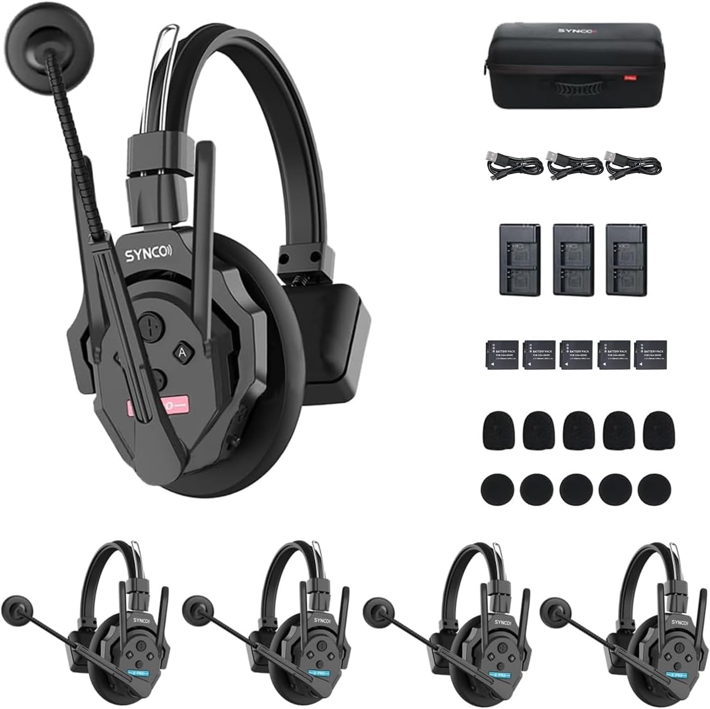 SYNCO XTalk XPro5 Wireless Intercom Headset System, 2.4GHz Full Duplex 500M/1640FT Communication System for 5 Person with Noise Reduction for Movie Shoot Live Show TV Production (5Pcs)