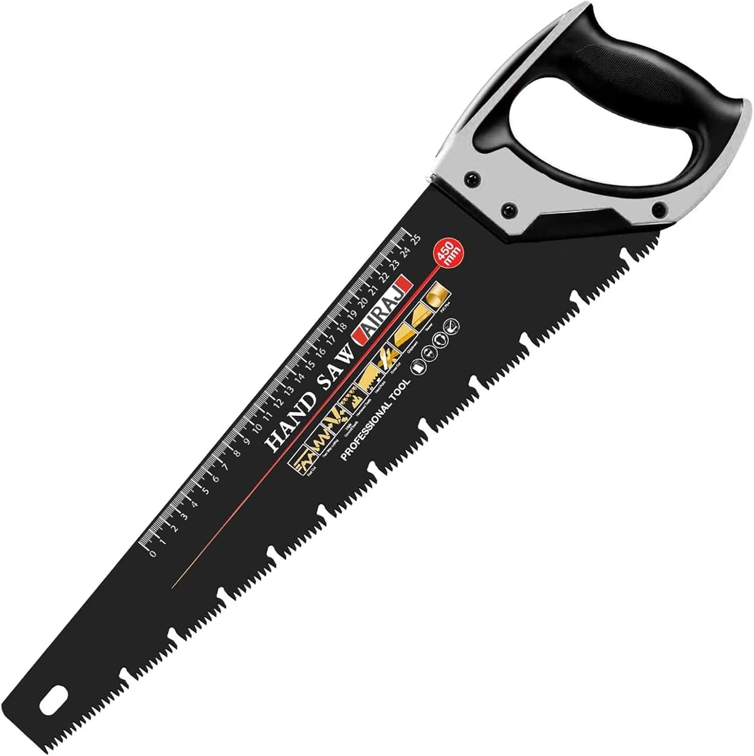 AIRAJ 450MM Hand Saw, 8TPI Fine Cutting Heavy Duty Pruning Saw, Unique Ω Type Chip Flutes, Comfortable Non-Slip Handle, Professional Pruning Saw for Garden Trimming