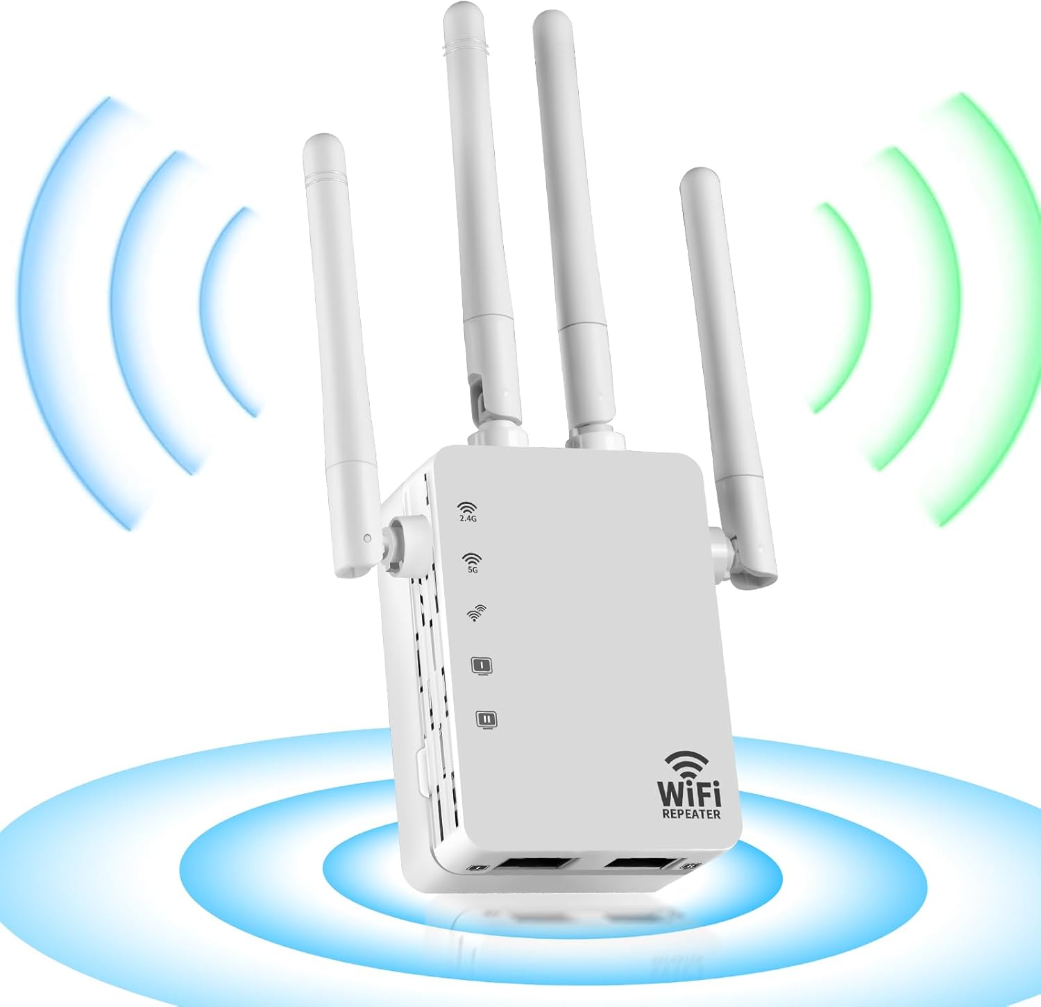 WiFi Extender Signal Booster, 5G WiFi Booster with 1200Mbps Dual Band (2.4&5GHz), WiFi Repeater (10000sq.ft for 55+ Devices), WPS 1-Tap Setup,4 Antennas 360° Full Coverage with 2 Ethernet Port