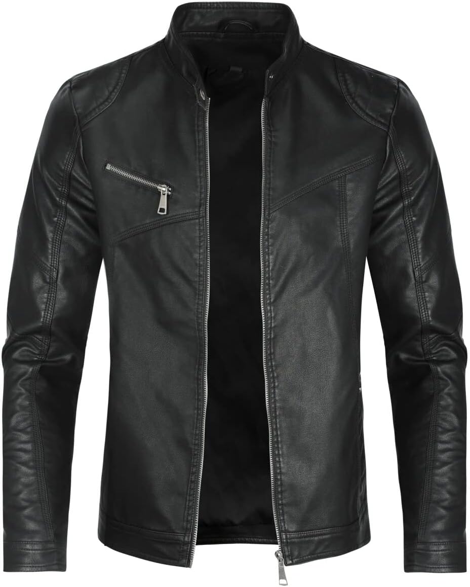 Allthemen Mens Leather Jackets Casual Stand Collar Jacket Full Zipper Bomber Jacket Long Sleeve Outdoor