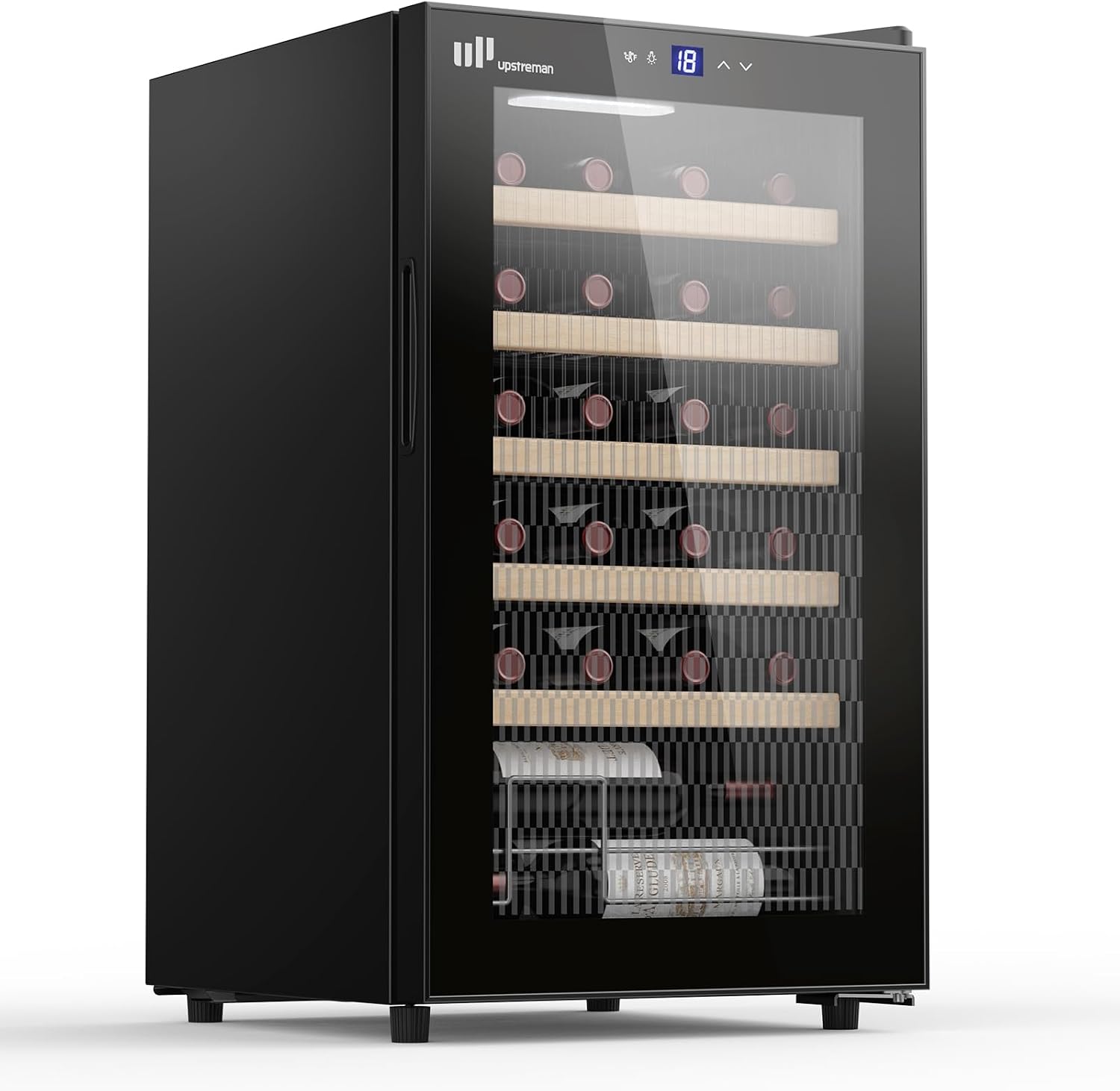 Upstreman 24 Bottle Wine Cooler Fridge with Full Glass, Precise 5°C–20°C Temperature Control | 41 dB & 137 kWh/Year | 5 Shelves with Wooden Trims | Sleek Design with LED Lighting, W24-Black