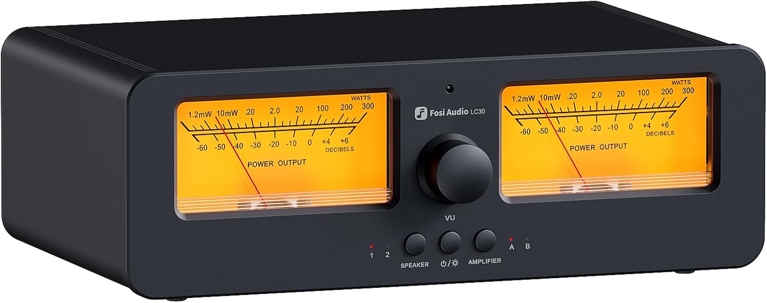 Fosi Audio LC30 VU Meter Amplifier Speaker Selector Switch Box Audio Visualizer 2 in 2 Out Vintage Switcher for High Power Stereo Class A, B, AB, D, Tube Amps Home Audio Component with Remote Control
